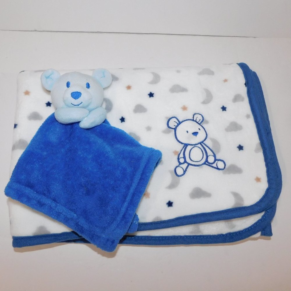 George Fleece Moon Star Crib Blanket with Blue Bear Security Blanket Set
